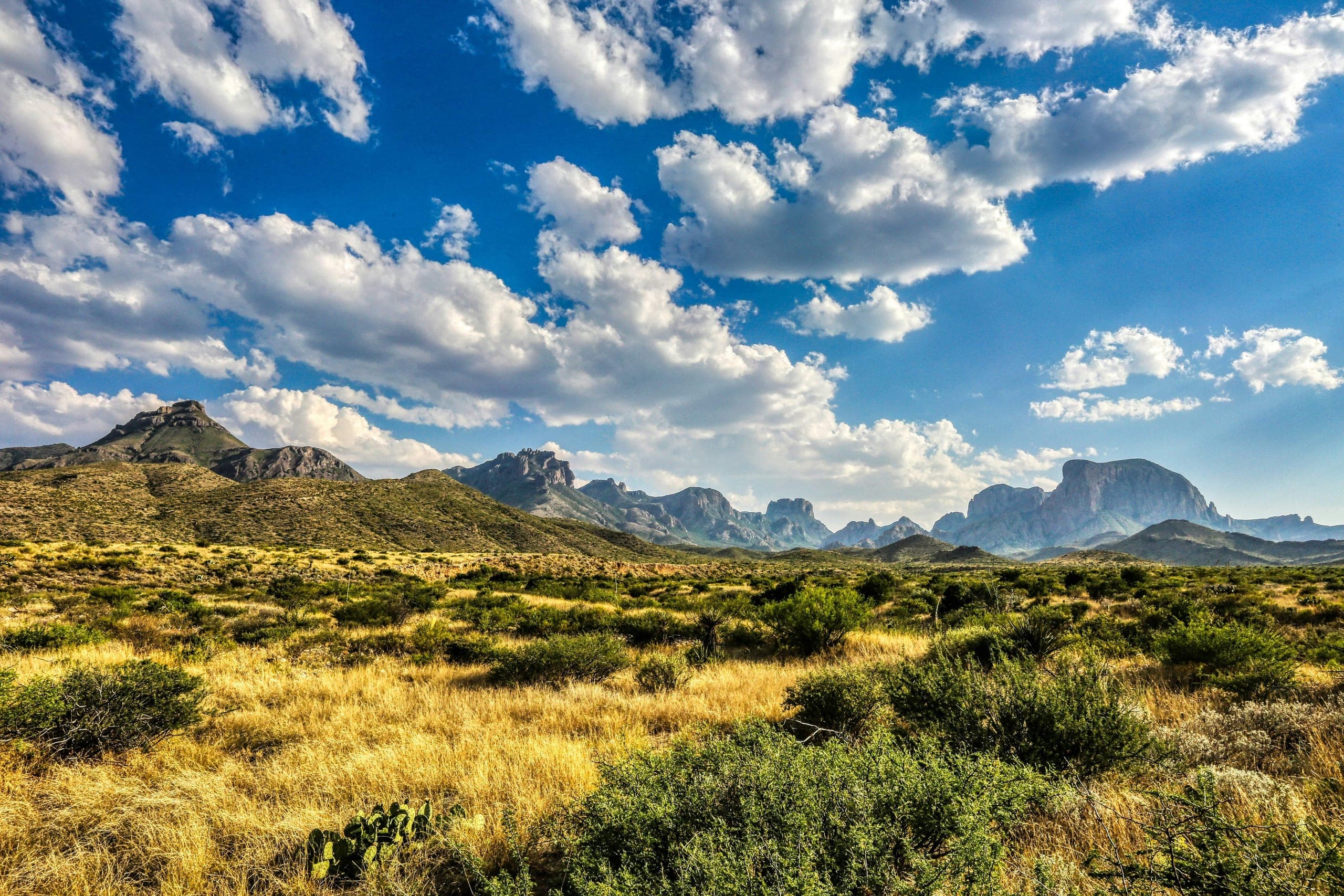 Expansive mountain landscape with golden grasslands under a wide cloud-filled sky